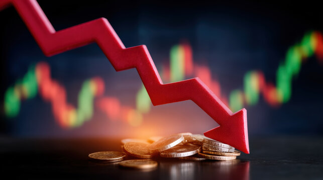 Red arrow pointing downwards over stacked coins, symbolizing financial loss and economic decline. Blurred stock chart in background
