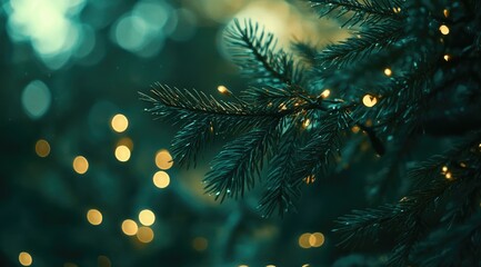 Soft Golden Lights on Deep Green Pine Branches