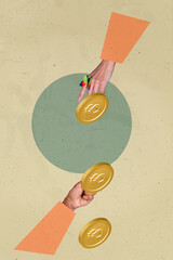 Creative vertical image artwork pop collage of hands show dollar banknote coin payment finance capital profit bonus bank transaction