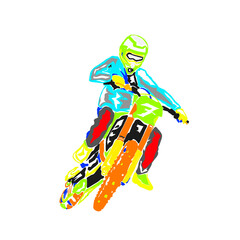 colorful silhouette of a man riding a motocross bike cornering without background