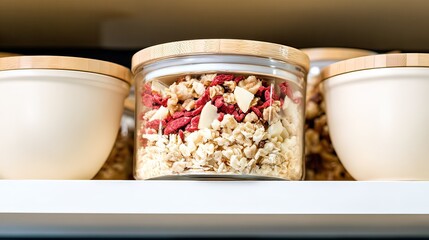 Granola jar, kitchen shelf, goji berries, white bowls, healthy breakfast