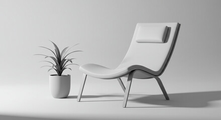 Relaxing 3D render chair with plant - with ray Monochrome minimal theme . Modern Minimalist Armchair with Plant in a Light Gray Studio Setting.
