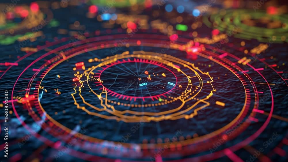 Poster dynamic digital interface showcasing intricate data visualizations with glowing lines and vibrant co