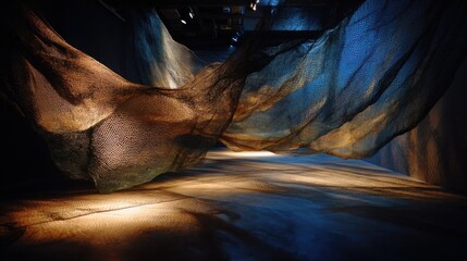 Abstract netting art installation with texture and light shadow