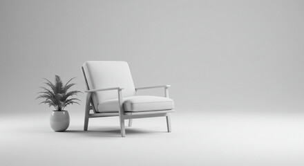 Relaxing 3D render chair with plant - with ray Monochrome minimal theme . Modern Minimalist Armchair with Plant in a Light Gray Studio Setting.
