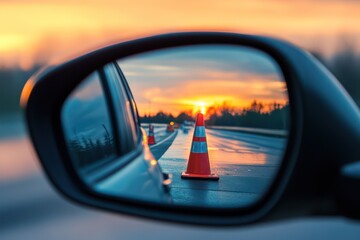 Sunset Road Reflected in Rearview Mirror with Cones