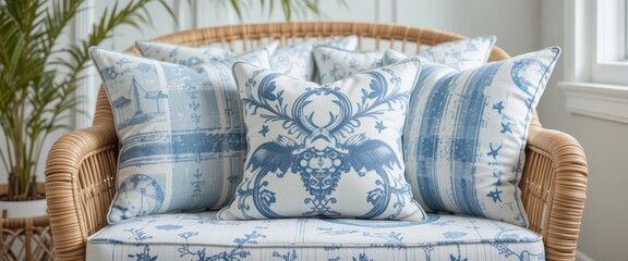  Front View of Nautical Inspired Pillows Creating a Relaxing Beach House Feel. Rattan and Driftwood