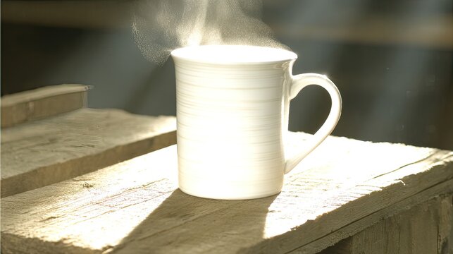 Steaming mug, sunlight, wooden crate, warehouse