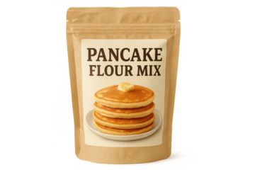 Pancake flour mix packaging with transparent background showing delicious pancakes