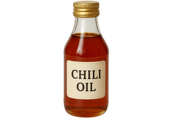 Small glass bottle containing chili oil on transparent background
