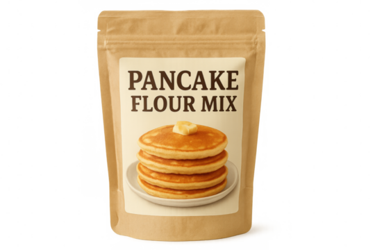 Pancake flour mix packaging with transparent background showing delicious pancakes