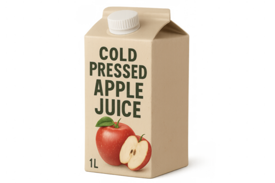 One liter carton of cold pressed apple juice with transparent background