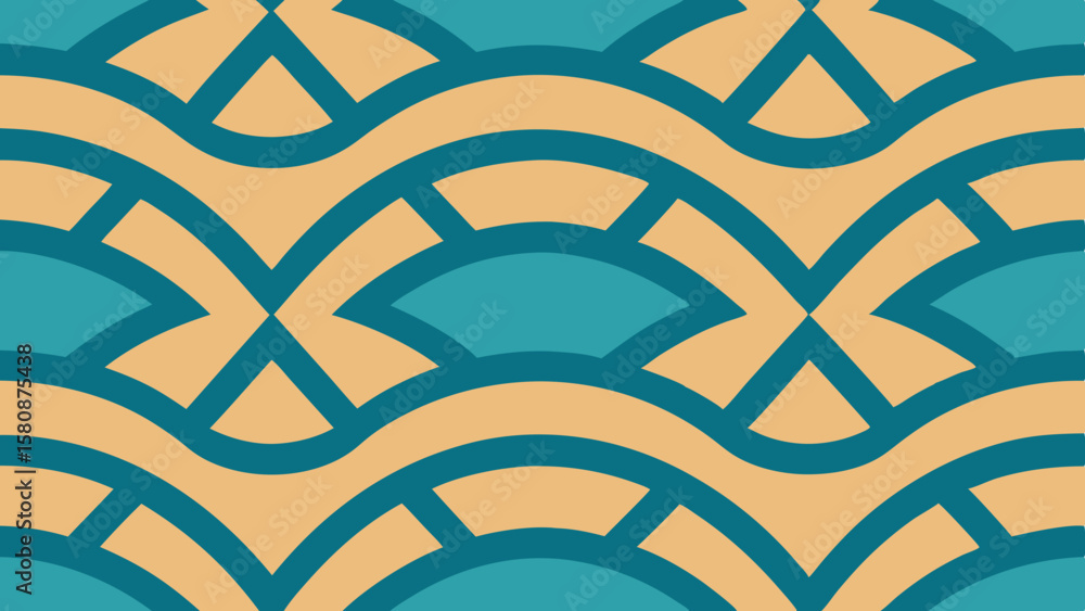 Poster seamless geometric pattern with curved lines and triangular shapes in teal and beige