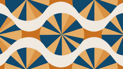 Retro geometric seamless pattern with sunbursts and waves in warm colors