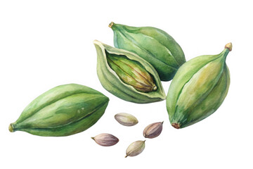 Watercolor illustration of green cardamom pods and seeds isolated on transparent background