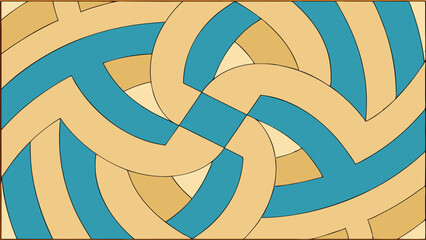 Abstract geometric pattern with interlocking curved bands in blue and tan