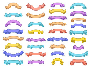 Colorful ribbon banner set. A collection of decorative vintage-style ribbons in various shapes, sizes. Each ribbon has a unique design, for digital scrapbooking, invitations, labels, badges