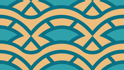 Seamless geometric pattern with curved lines and triangular shapes in teal and beige