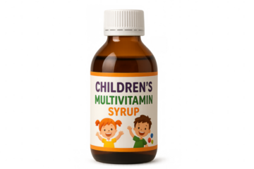 Children's multivitamin syrup in amber glass bottle with transparent background