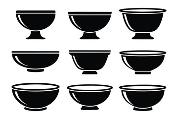 Collection of nine black silhouette icons depicting various styles of open top bowls and chalices on a white background