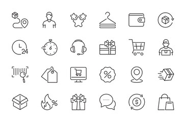 E-commerce icon set. Online shopping, courier, wallet, barcode, price tag, sale, location, rating, hangers, package, gift box, refund, tracking, consumer, etc. Vector illustration. Editable stroke.