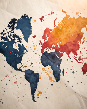 Abstract watercolor world map displaying global travel and international connections concept