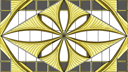 Intricate art nouveau geometric pattern with golden floral elements and dark grey squares