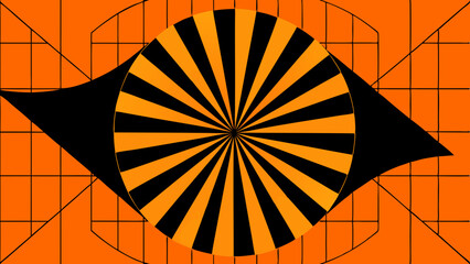 Abstract geometric design with orange and black radial sunburst and grid pattern