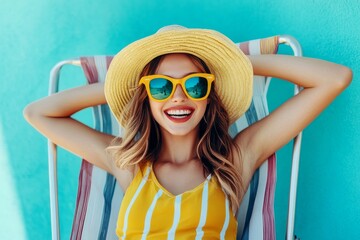 Smiling woman in yellow striped swimsuit and sunglasses enjoying the beach on a sunny day