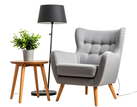 green armchair and a table