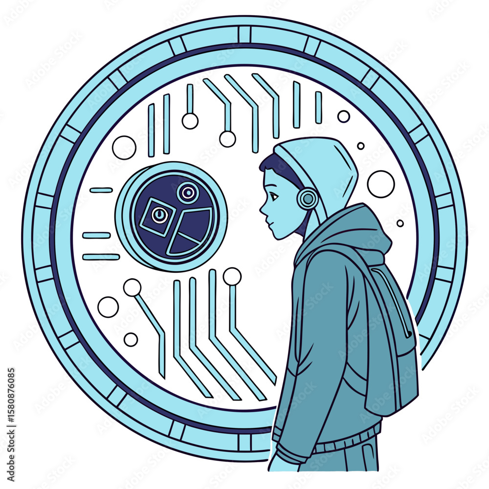 Fototapete neon light blue circle portal with electronics elements and wires are on a futuristic technology cir