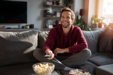 Man in red hoodie watching tv with popcorn in cozy living room