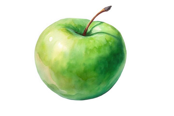 A vibrant watercolor painting of a single green apple with a stem isolated on transparent background