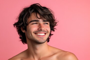 Happy man in costume wig on bright backdrop