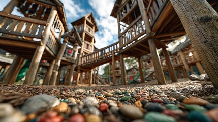 Low-angle view of a wooden playground.  Colorful stones fill the ground