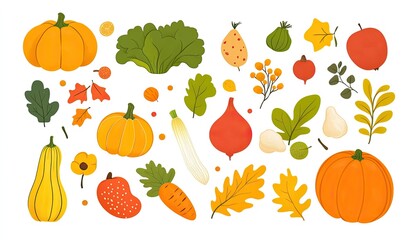 Autumnal harvest illustration.  Colorful fall vegetables and fruits.  Cute cartoon style