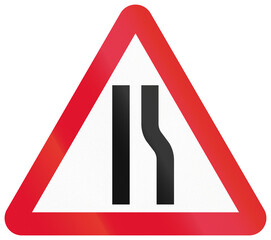 Chinese warning road sign used only in Hong Kong - Road narrows on the right