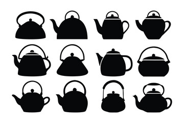 A collection of twelve distinct black silhouette teapot designs featuring various shapes and handle styles on a white background