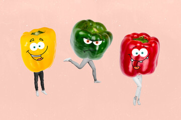 Creative full art collage of anonym people instead body bulgarian pepper vegetable diet healthy...