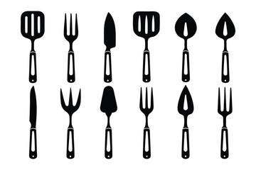 Collection of silhouetted kitchen utensils including spatulas forks knives and serving spoons on a white background
