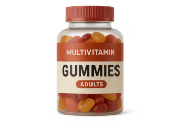 Transparent bottle showing multivitamin gummies for adults