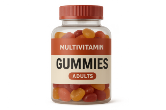 Transparent bottle showing multivitamin gummies for adults