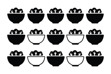 A pattern of black and white salad bowls filled with stylized green lettuce leaves on a clean white background