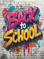 Vibrant graffiti text “Back to School” painted on a white brick wall in bold colorful style. Urban street art education concept.