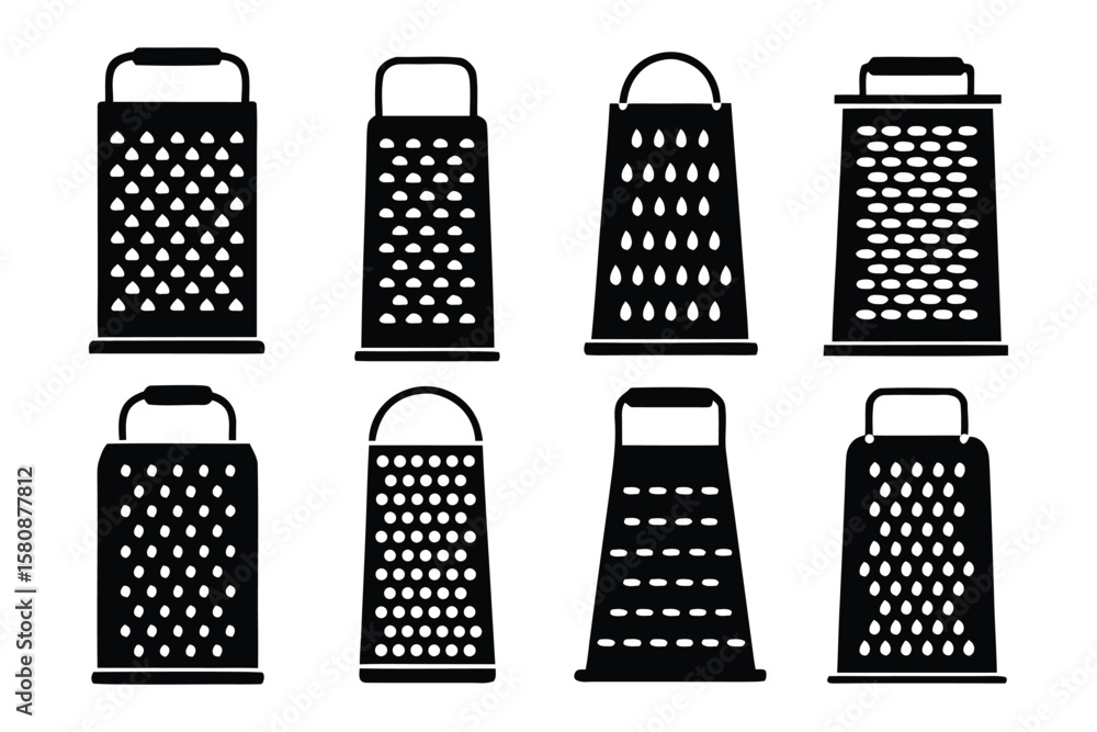 Aufkleber a collection of eight black silhouette icons representing various types of kitchen graters with diff