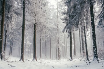 Misty snow-covered forest with tall trees