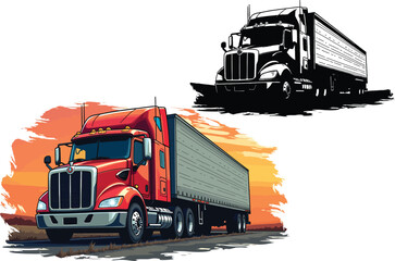 Red Truck Sunset Motion Realistic Color and Minimal Sketch Vector Art