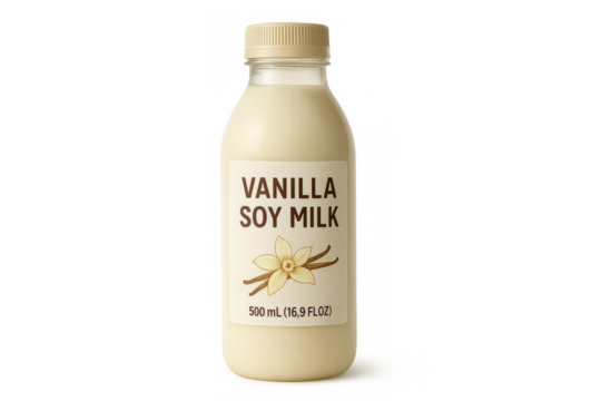 Vanilla soy milk bottle standing on transparent background