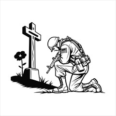 Soldier kneeling in respect at a grave with a flower and rifle