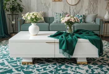  Vintage Glamour White Art Deco Coffee Table Showcasing an Emerald Green Wool Throw